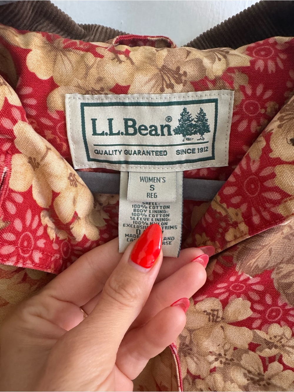L.L. Bean Red Floral Quilted Chore Jacket with Brown Corduroy Trim - Picture 2 of 6